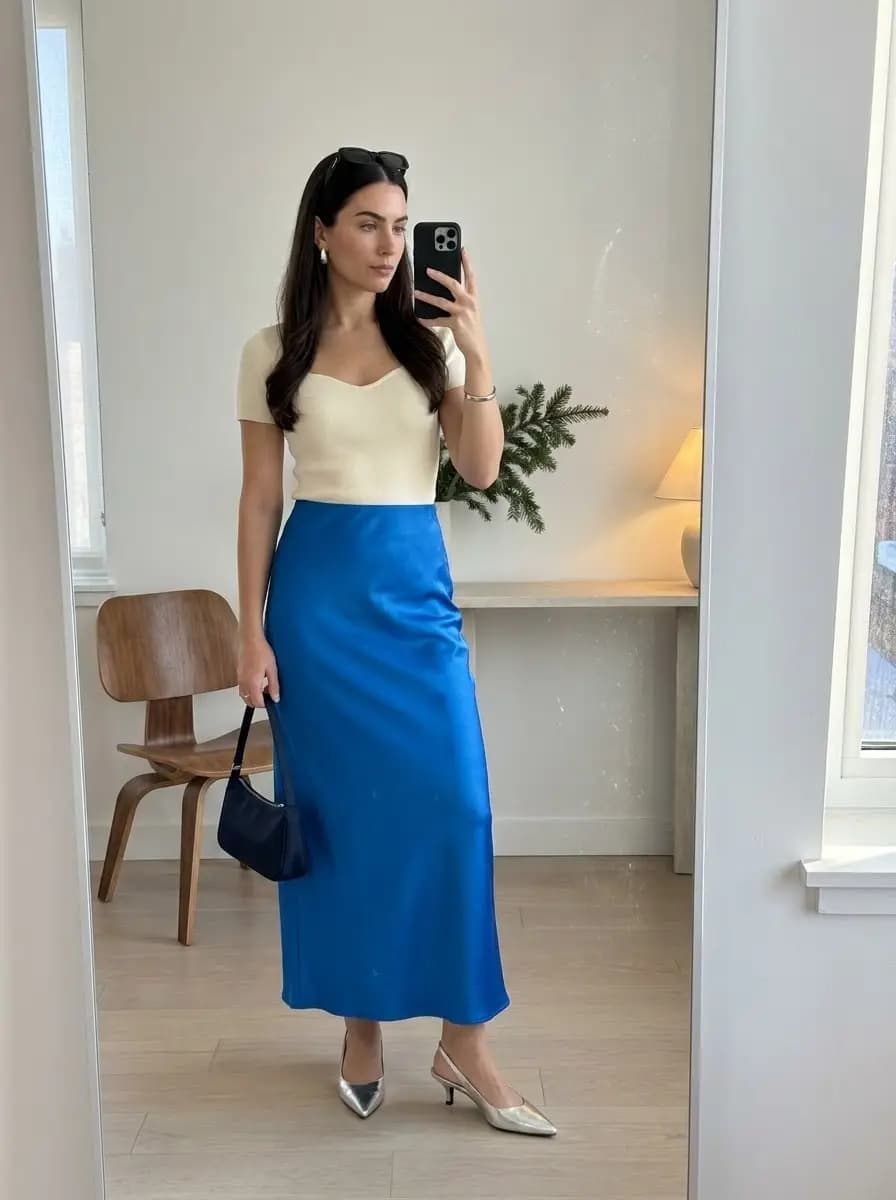 Cream short-sleeve top with royal blue satin maxi skirt and silver kitten heels