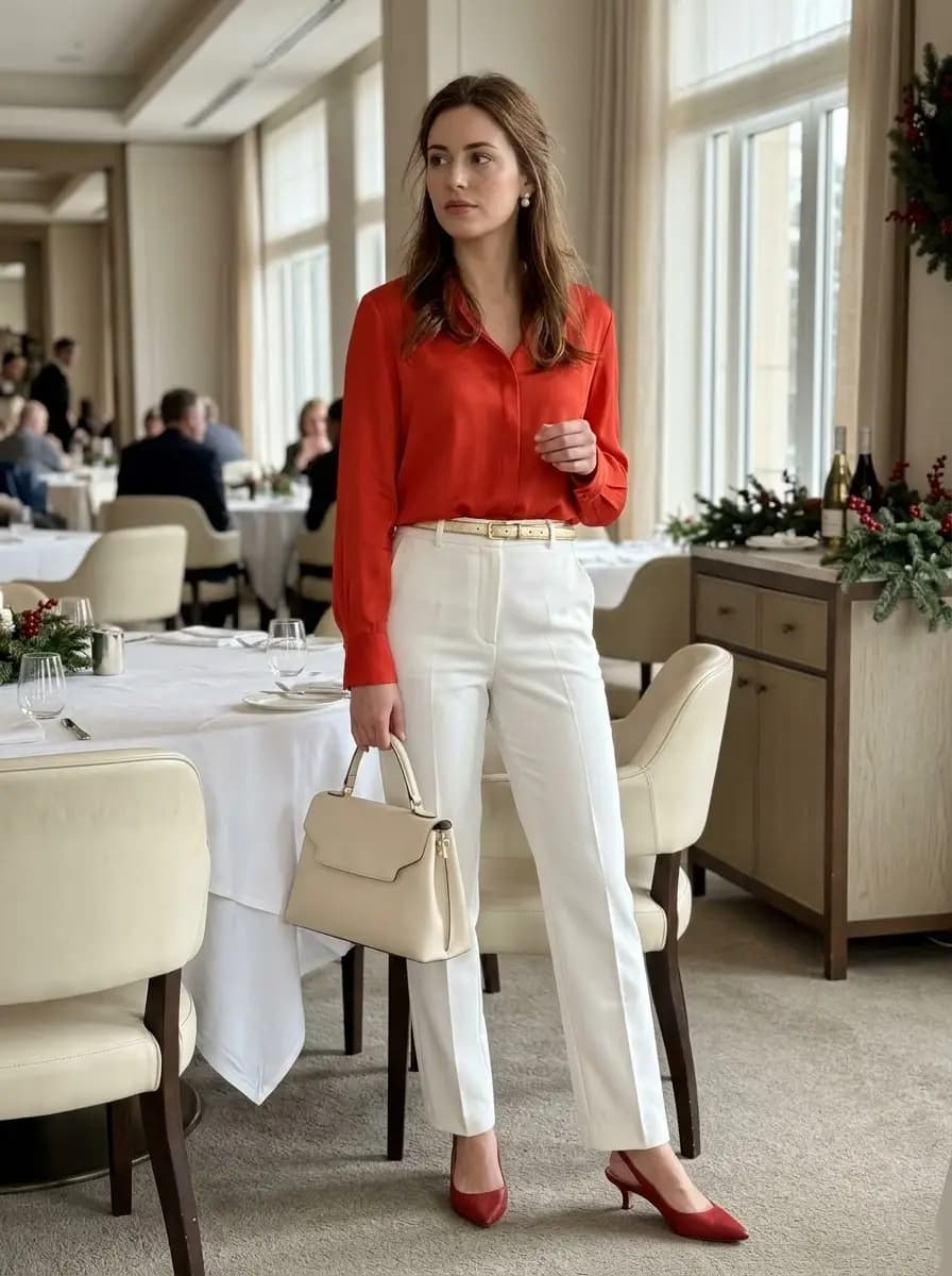 Red long-sleeve blouse with white wide-leg trousers and red kitten heels