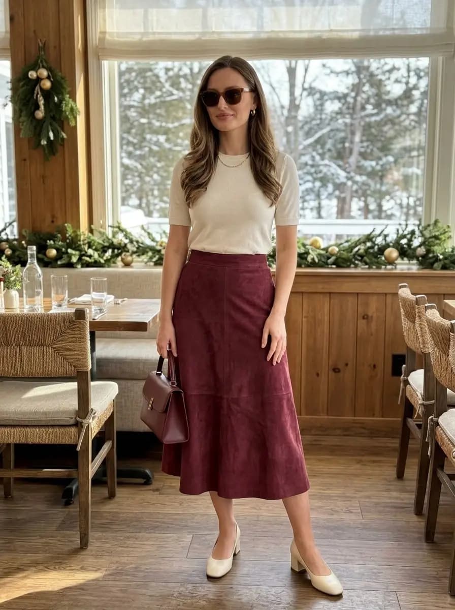Cream short-sleeve top with burgundy suede midi skirt and cream low heels