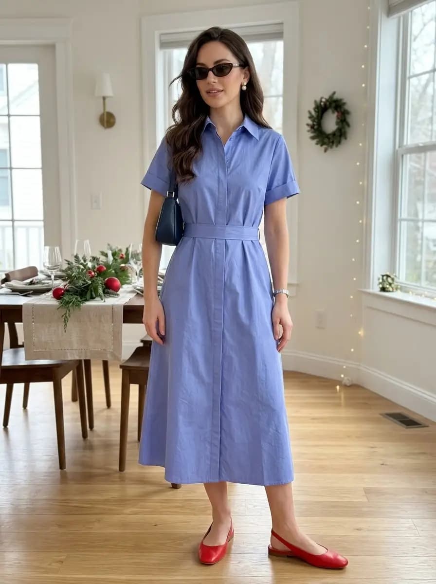 Light blue belted shirt midi dress with red slingback flats and navy bag