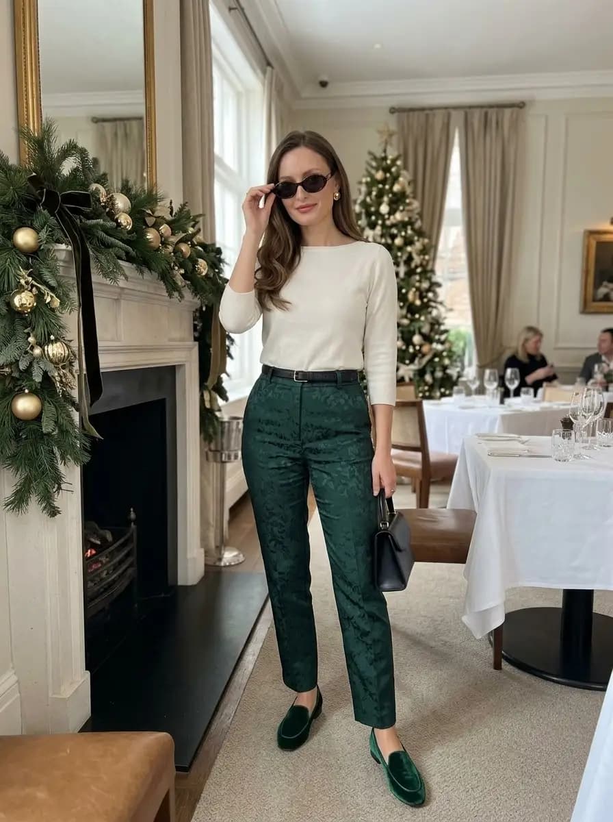 Ivory knit top with dark green jacquard trousers and green loafers