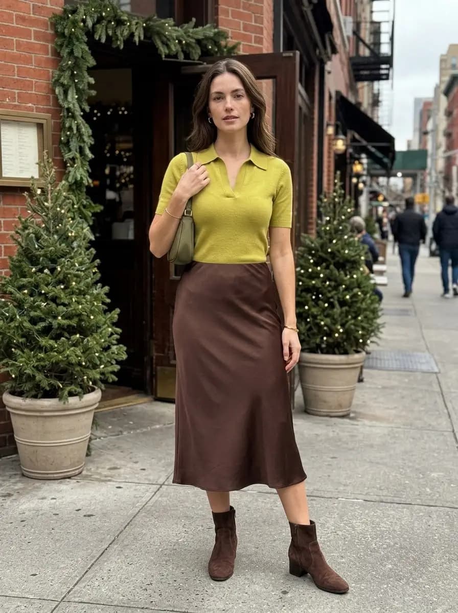 Olive polo knit top with brown satin midi skirt and brown ankle boots