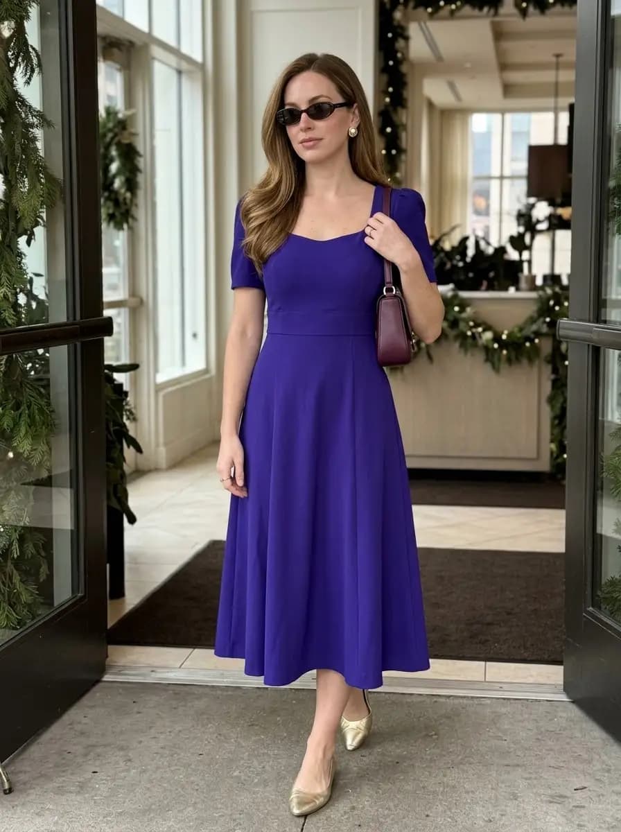 Cobalt blue midi dress with gold flats and burgundy shoulder bag