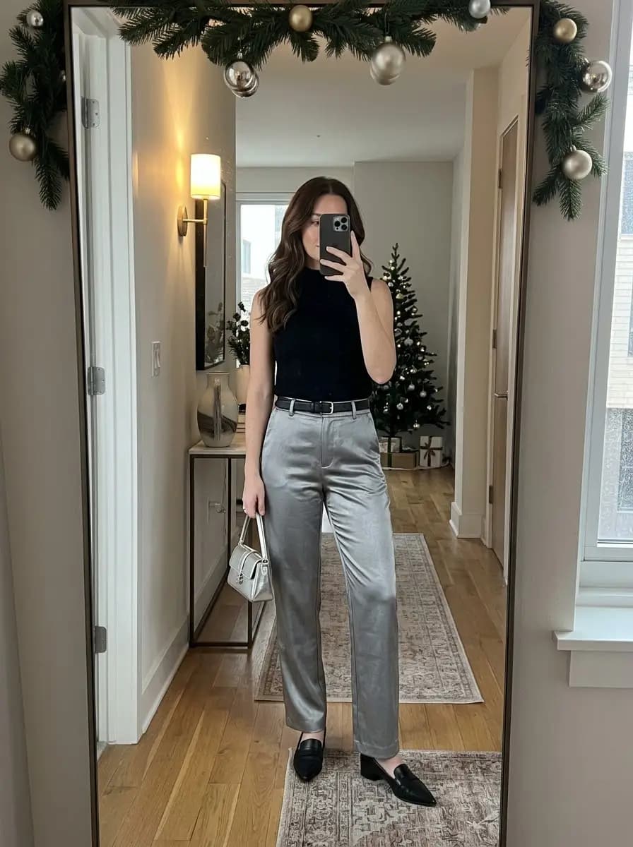 Black sleeveless top with silver satin trousers and black pointed flats