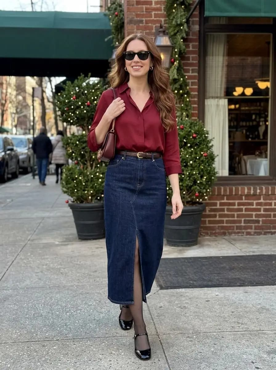 Burgundy blouse with dark denim midi skirt and black patent Mary Jane shoes