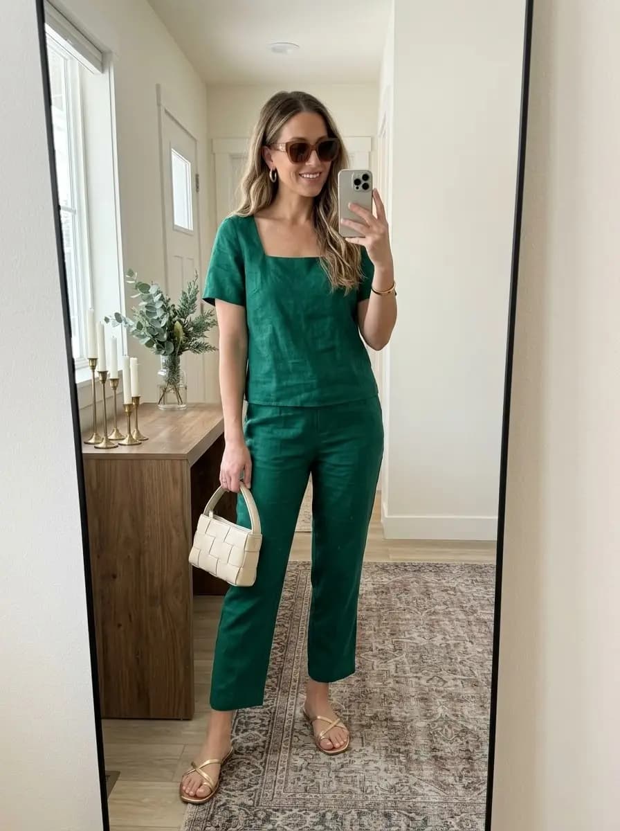 Emerald green two-piece top and cropped trousers set with gold sandals