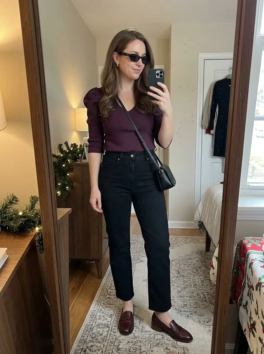 Burgundy V-neck top with black straight-leg jeans and burgundy loafers