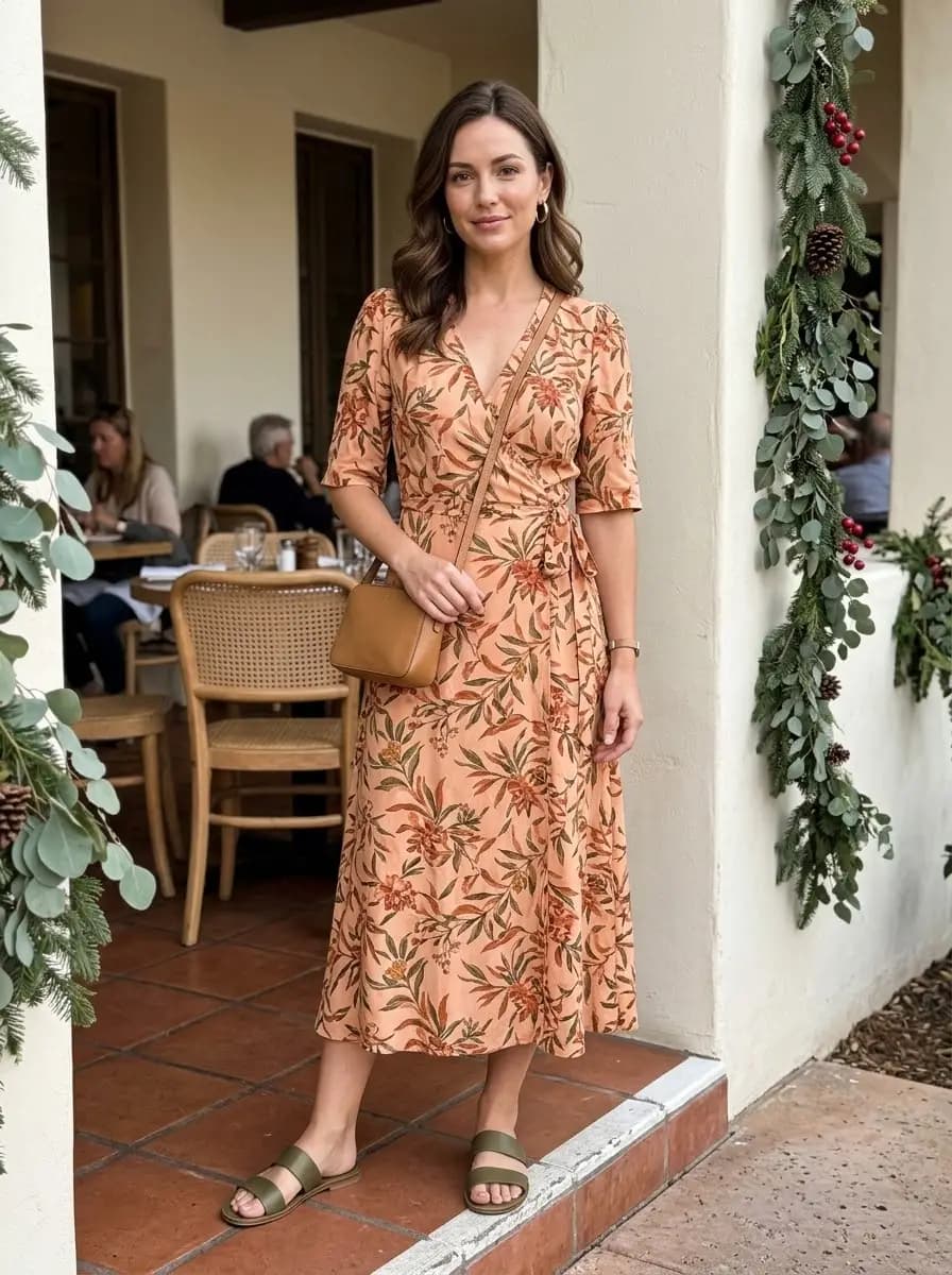 Peach floral wrap midi dress with tan crossbody bag and olive flat sandals