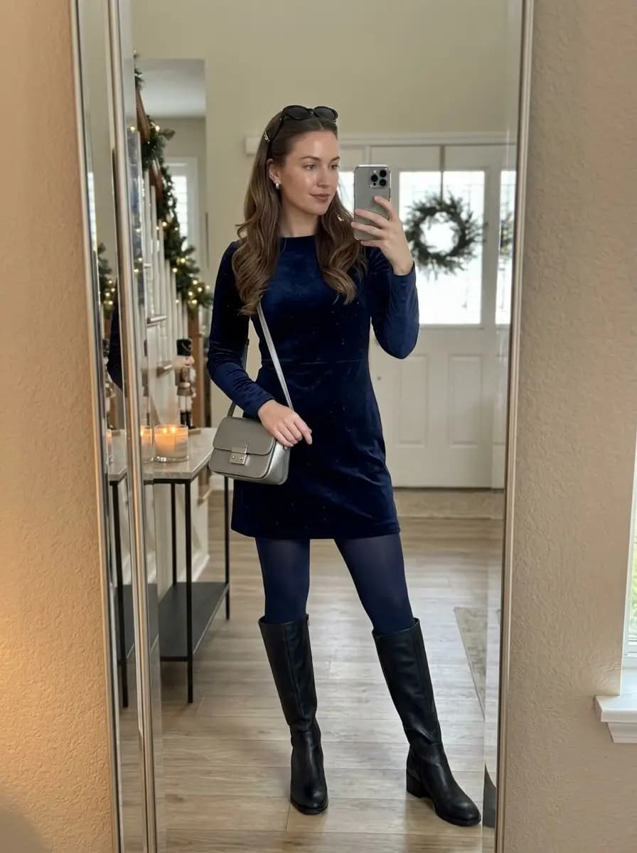 Navy velvet mini dress with black knee-high boots and gray crossbody bag