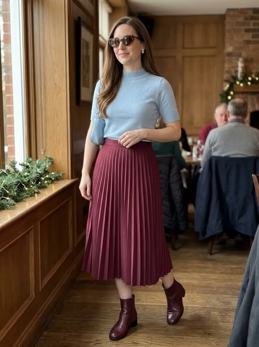 Light blue short-sleeve top with burgundy pleated midi skirt and burgundy boots