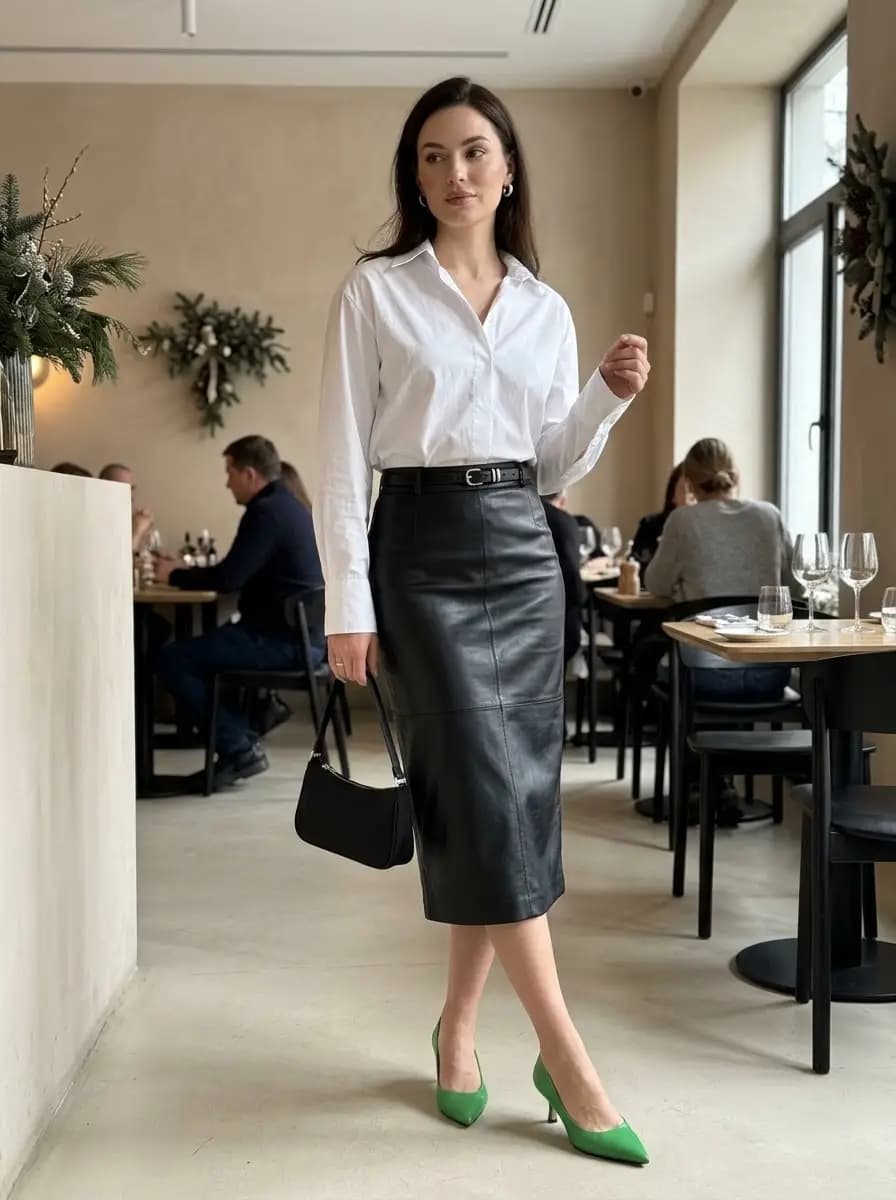 White shirt with black leather midi skirt and bright green pointed heels