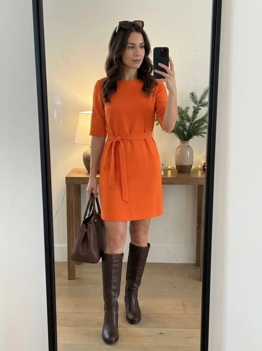 Orange mini dress with dark brown knee-high boots and brown handbag