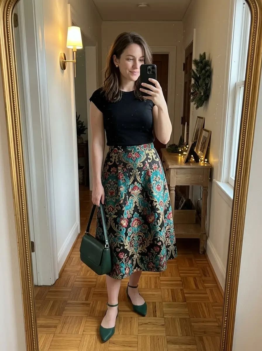 Black cap-sleeve top with brocade midi skirt and deep green pointed flats