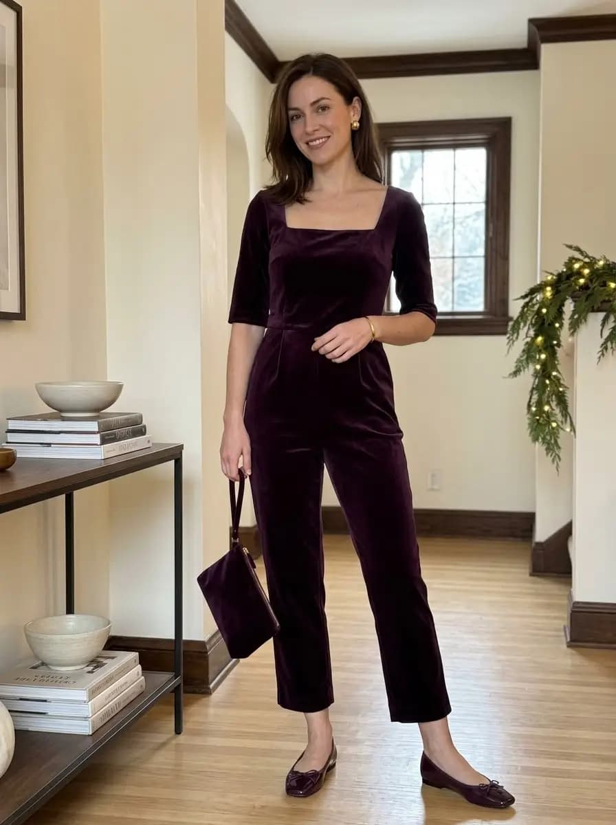 Deep purple velvet jumpsuit with purple ballet flats and matching pouch