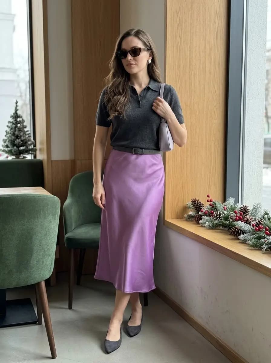Charcoal short-sleeve polo top with lavender satin midi skirt and charcoal pumps