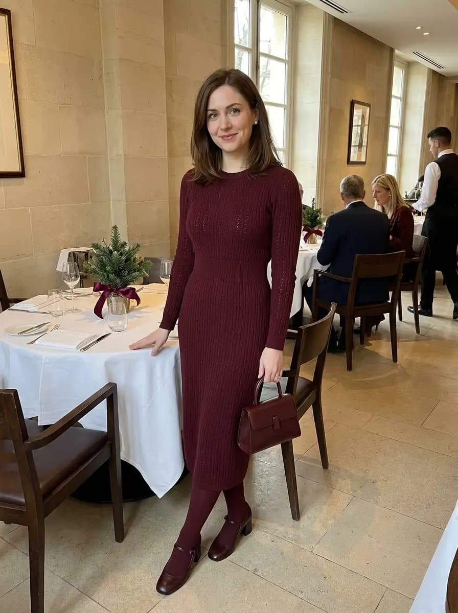 Burgundy cable-knit midi dress with wine-colored tights and Mary Jane shoes