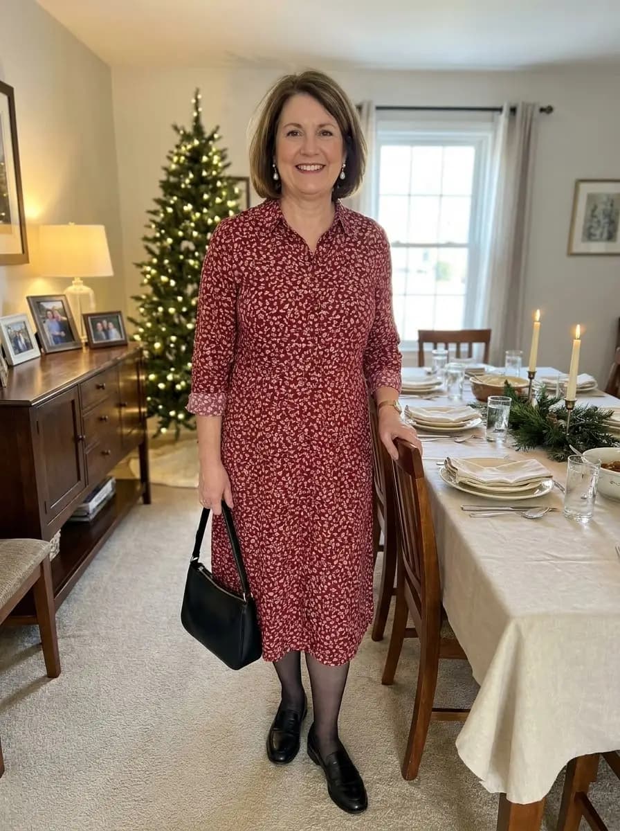 Red floral print midi dress with sheer black tights and black loafers