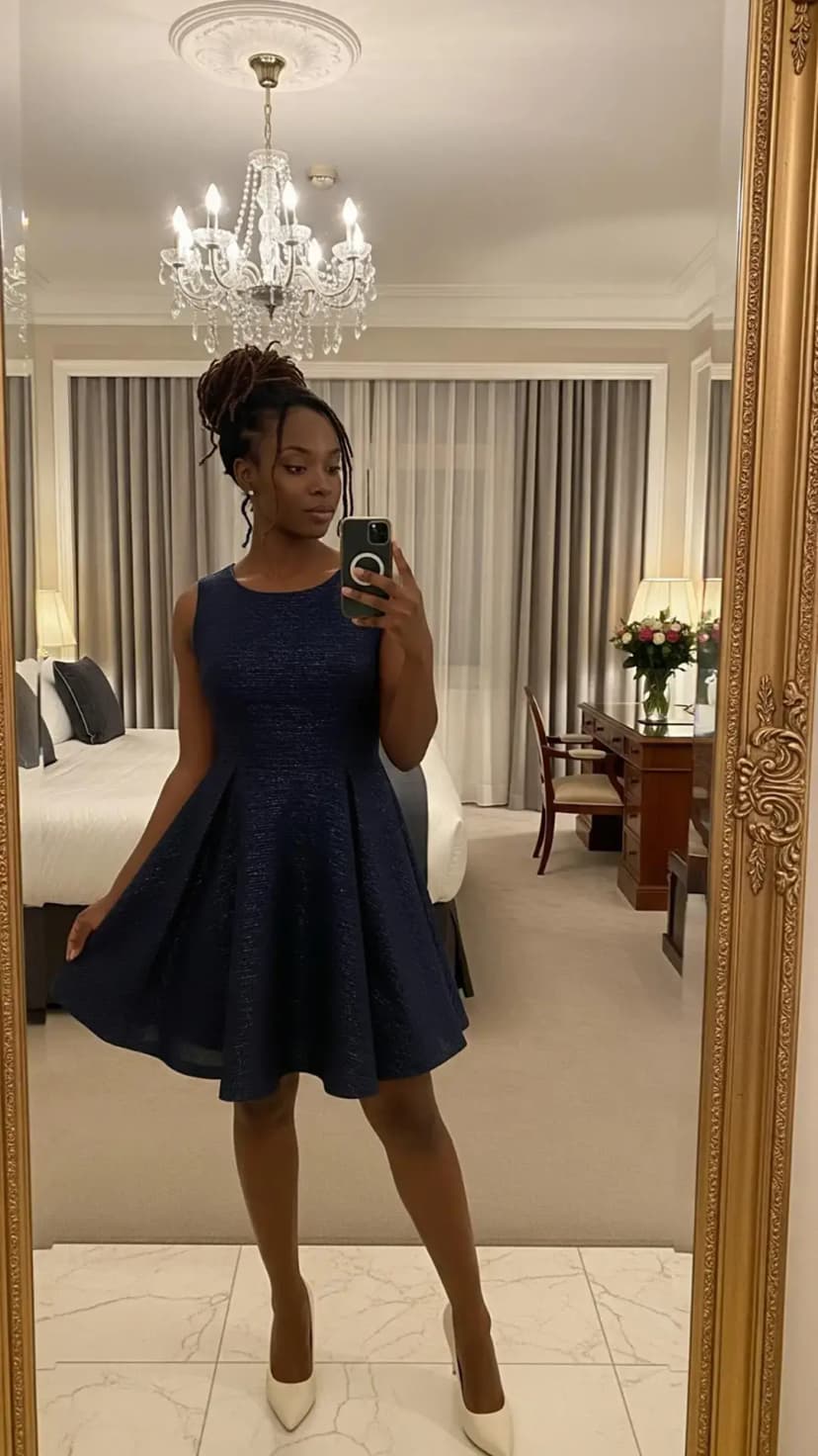 Navy Fit-and-Flare Mini Dress + Cream Pointed Heels