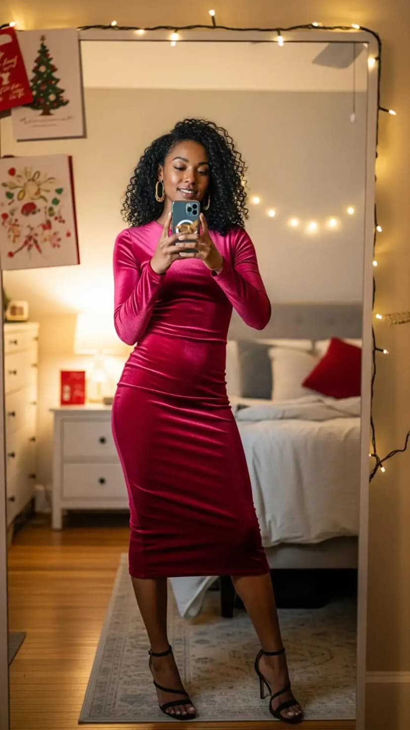 Red Velvet Long-Sleeve Midi Dress + Black Strappy Sandals + Gold Hoop Earrings