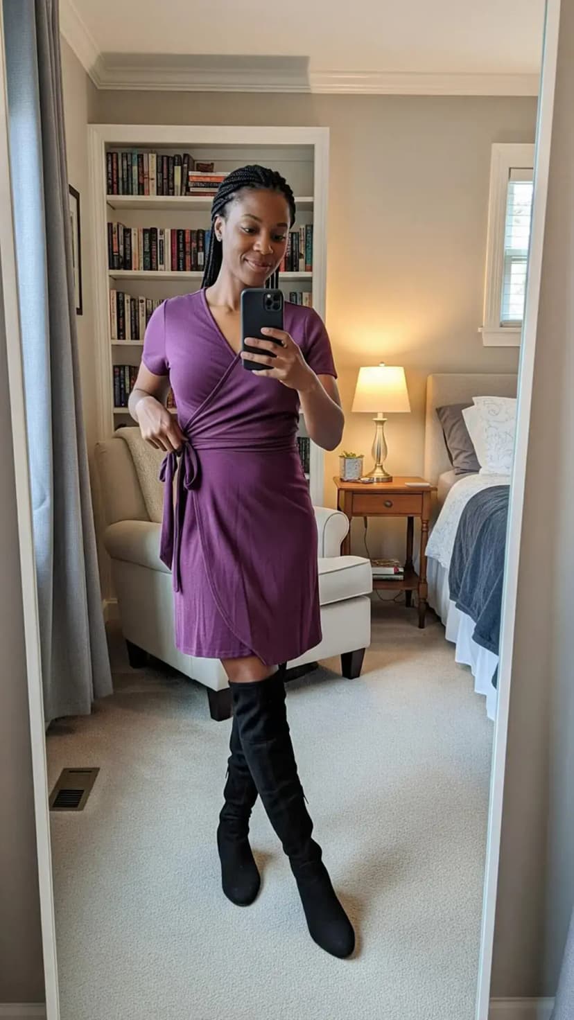 Plum Wrap Mini Dress + Black Over-the-Knee Boots