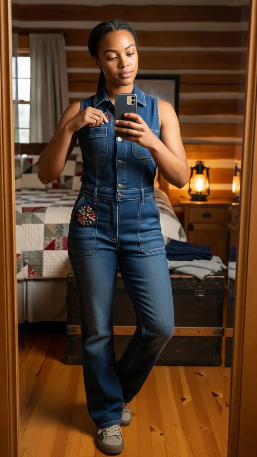 Denim Sleeveless Jumpsuit + Casual Sneakers + Brooch Accessory