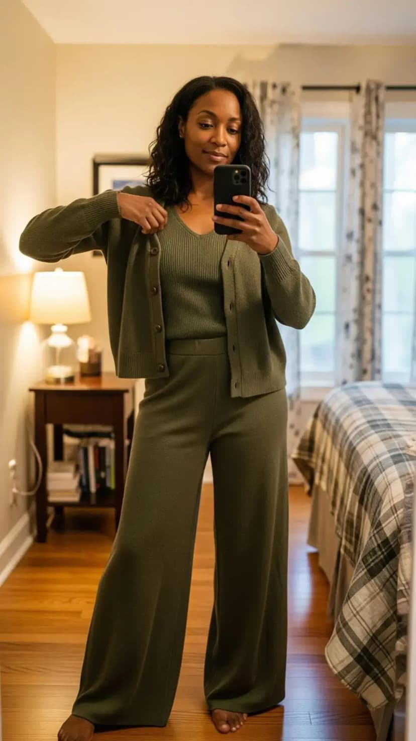 Olive Green Knit Cardigan + Matching Knit Tank + Knit Wide-Leg Pants