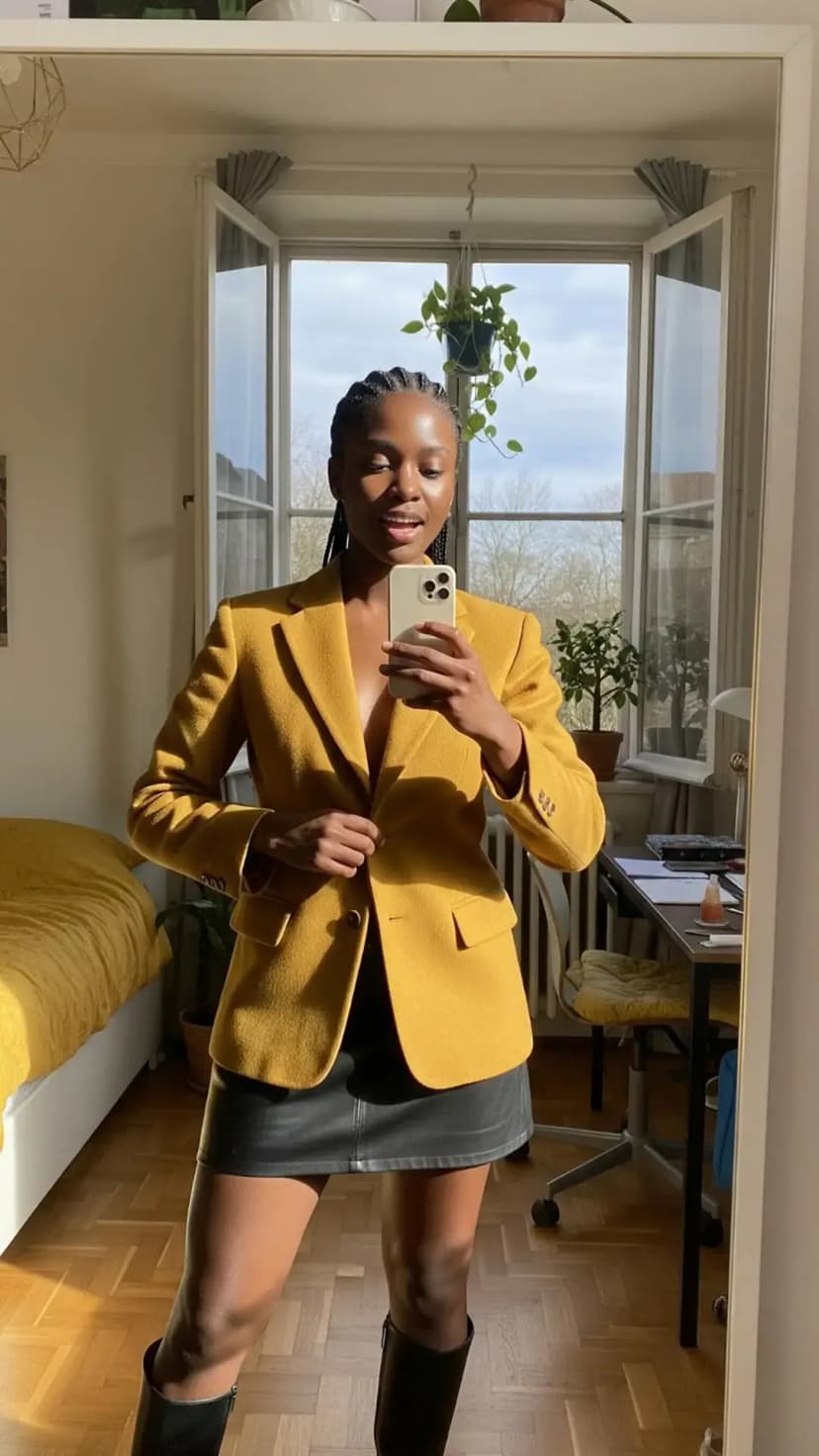 Mustard Blazer + Black Mini Leather Skirt + Black Knee-High Boots