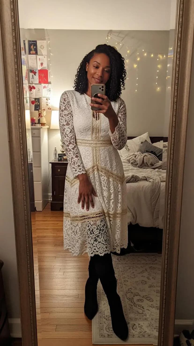 White Lace Midi Dress + Black Over-the-Knee Boots