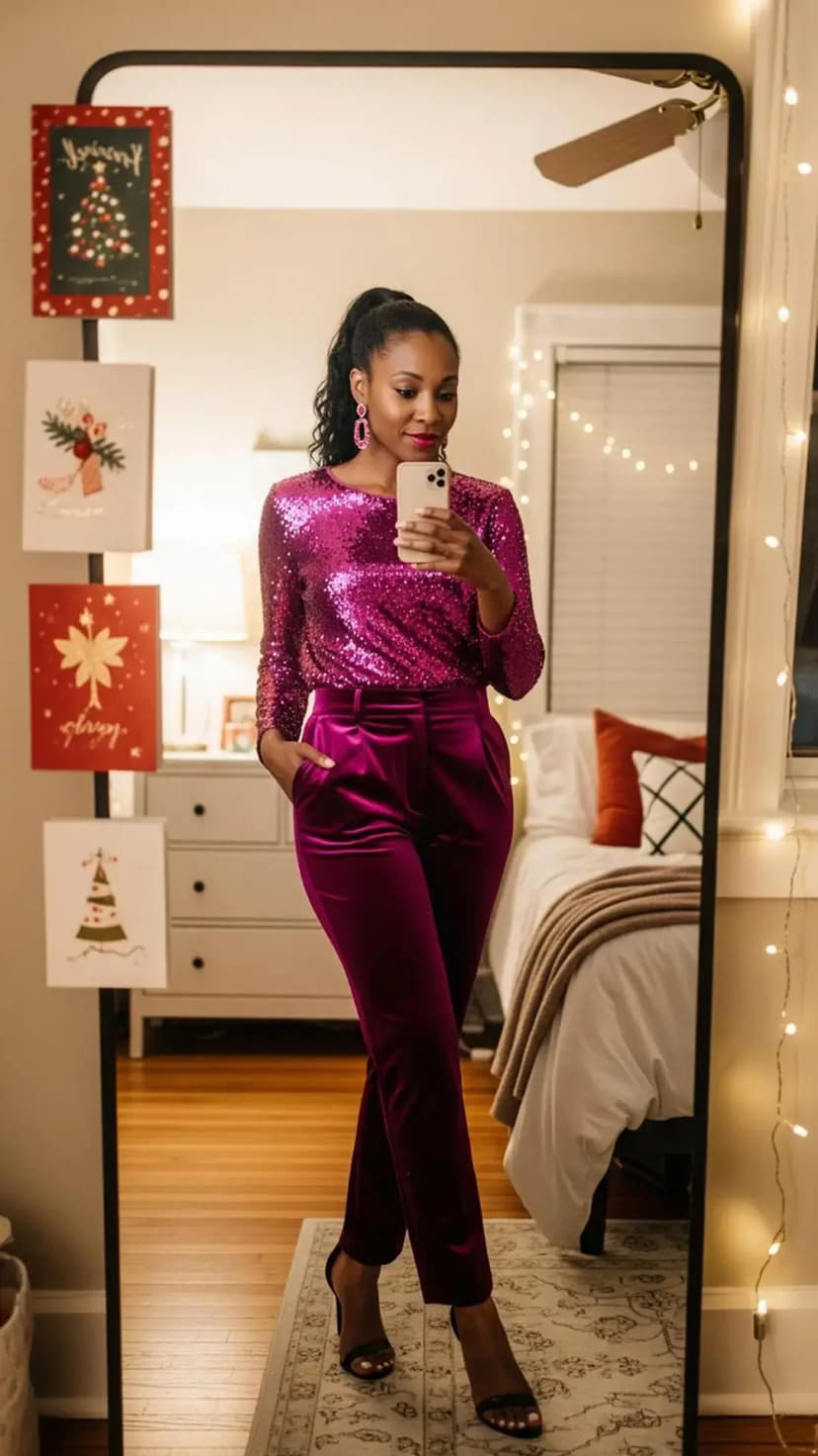 Fuchsia Sequin Top + Fuchsia Velvet Tailored Pants + Black Strappy Heels