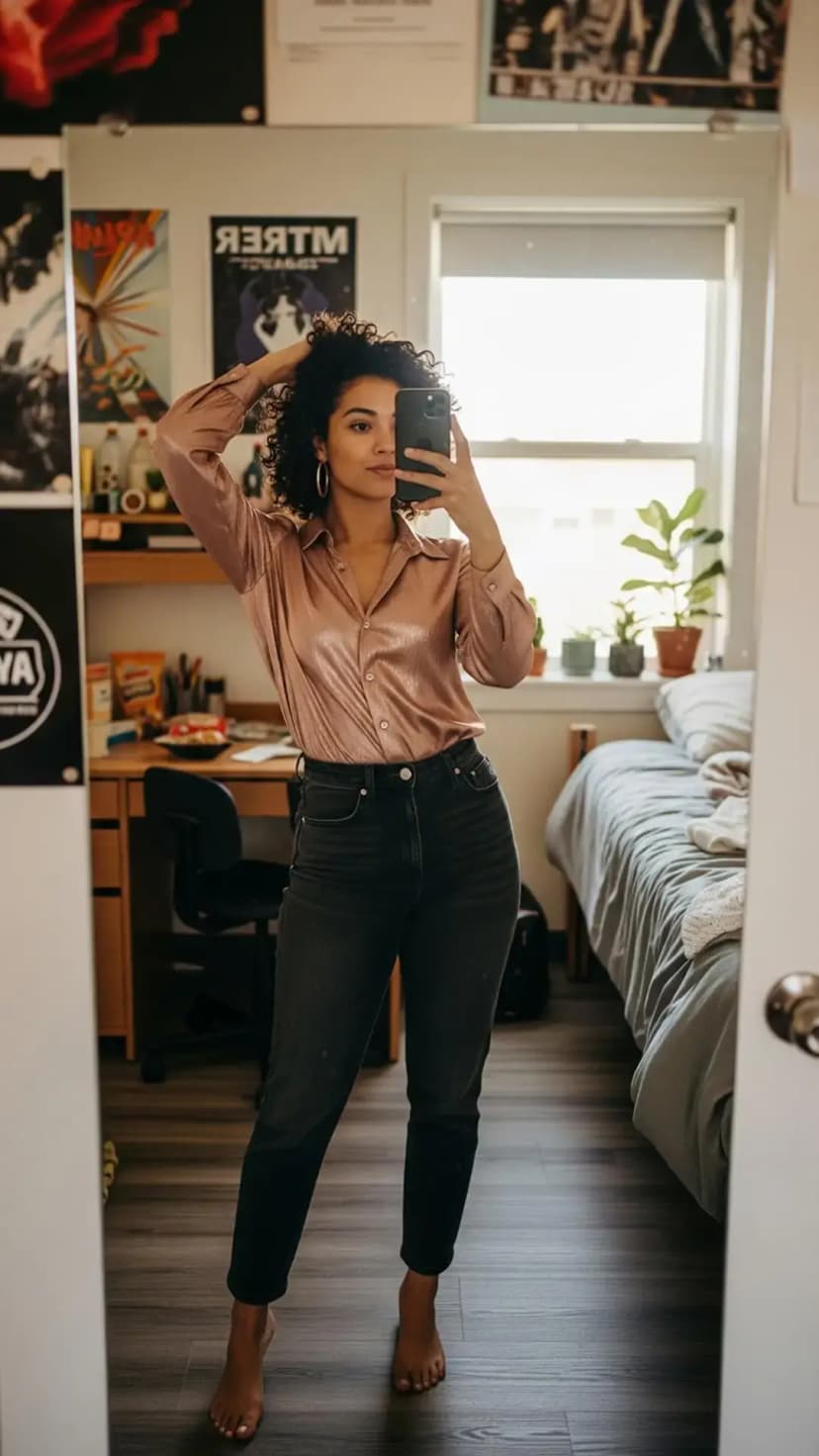 Rose Metallic Button-Up Blouse + High-Waisted Black Jeans