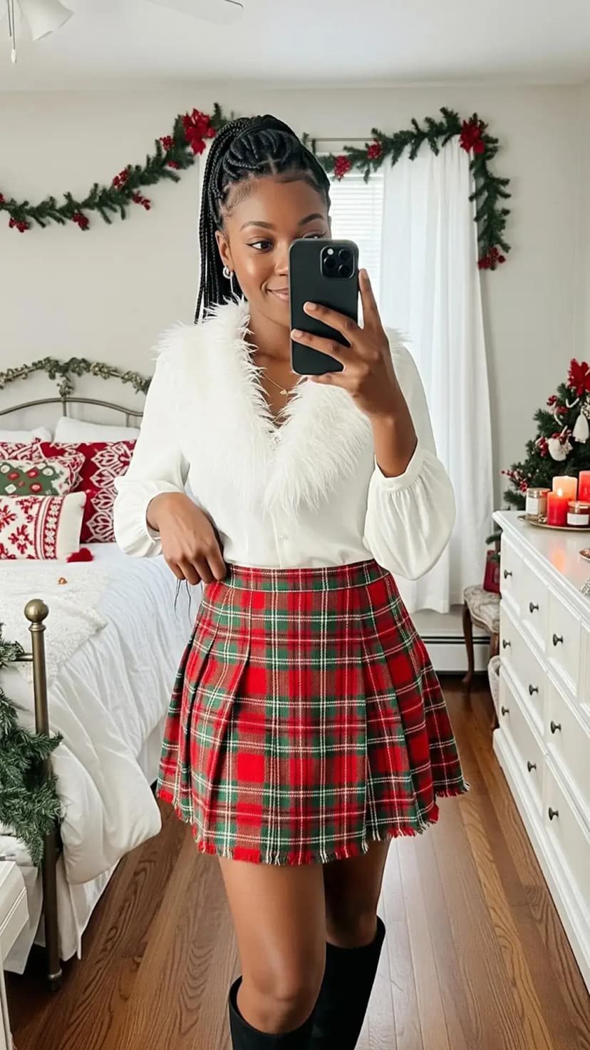 White Faux-Fur Trim Top + Red Plaid Mini Skirt + Black Knee-High Boots