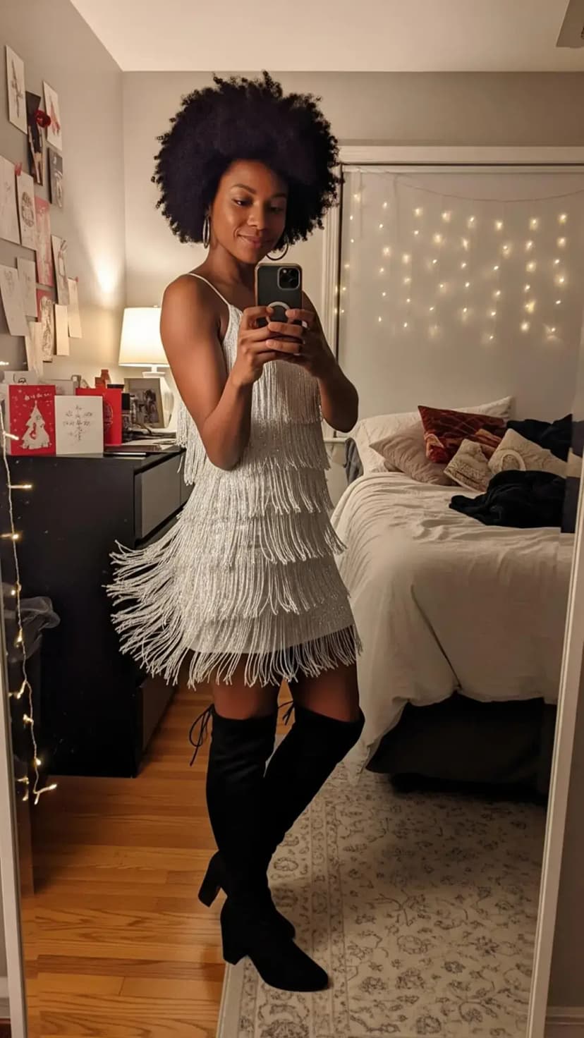 Silver Fringe Mini Dress + Black Over-the-Knee Heeled Boots