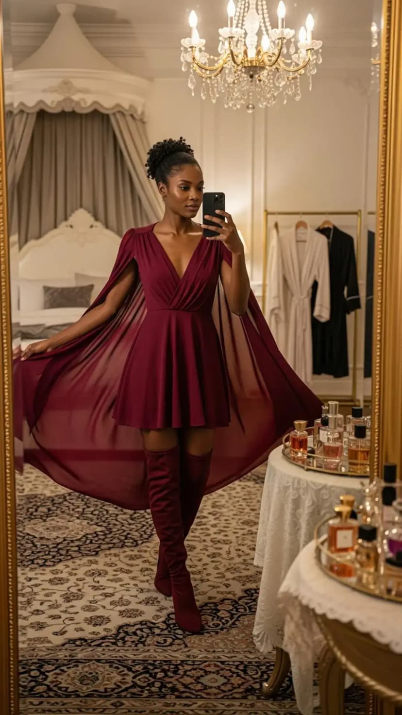 Burgundy Cape Mini Dress + Matching Over-the-Knee Boots
