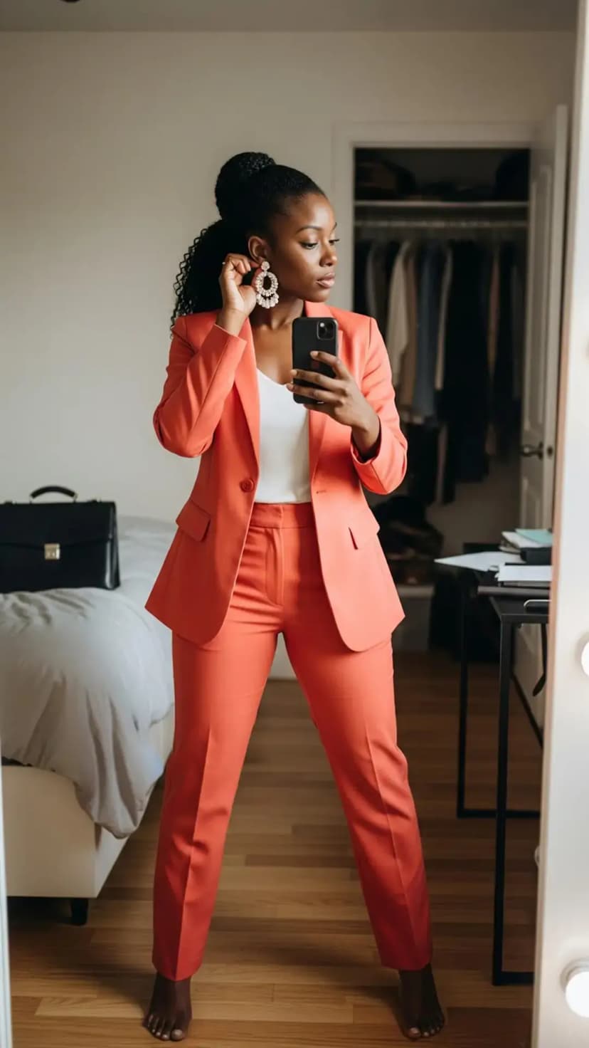Orange Tailored Blazer + Matching Tailored Trousers + White Cami