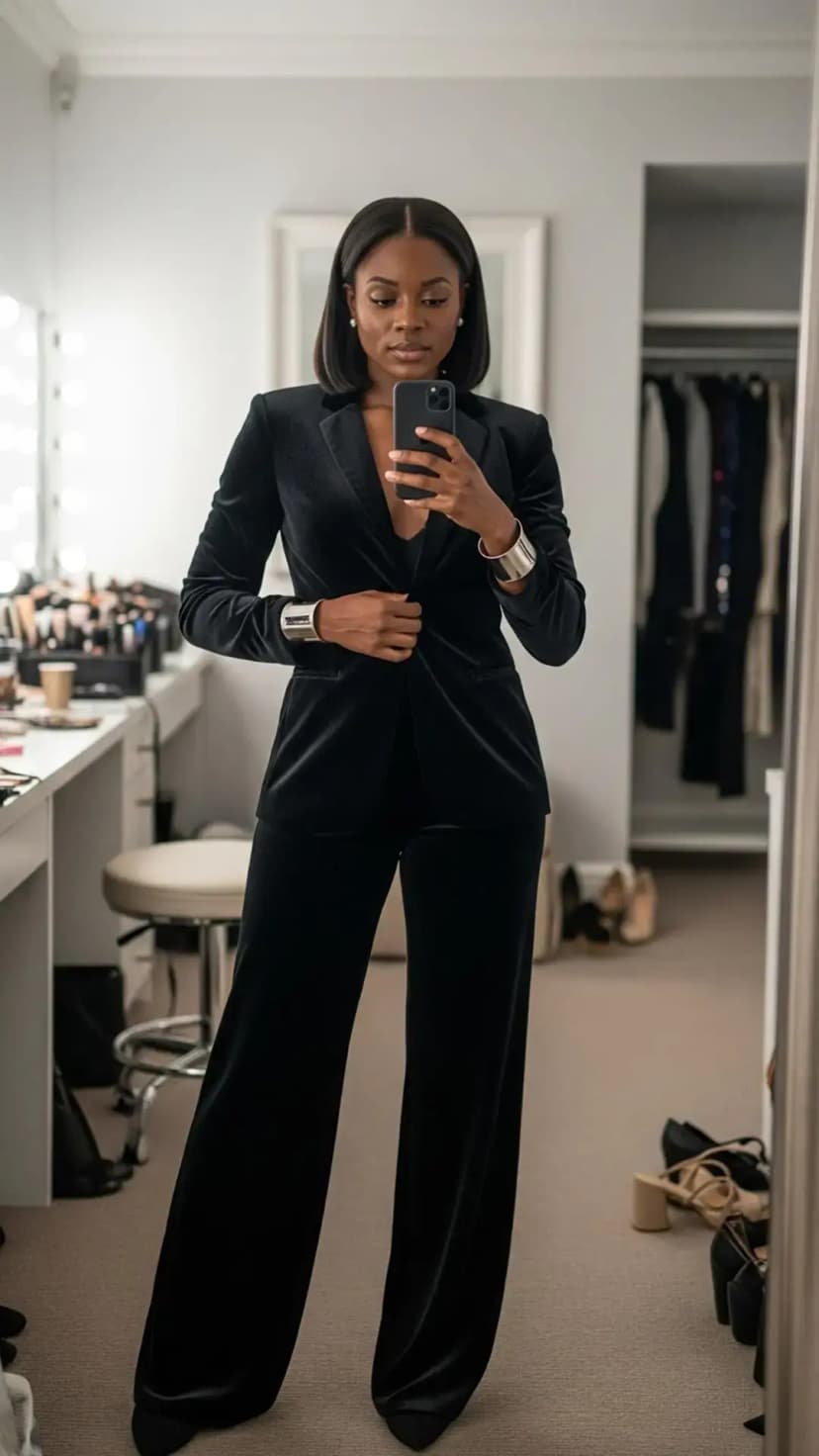 Black Velvet Blazer + Black Wide-Leg Trousers + Pointed-Toe Heels