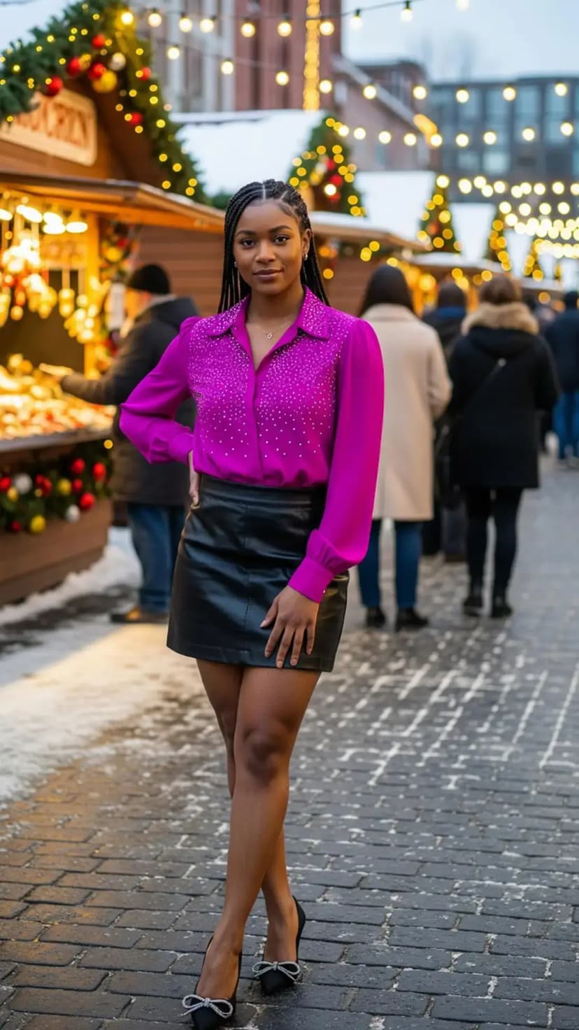 Fuchsia Embellished Blouse + Black Leather Mini Skirt + Black Bow Heels