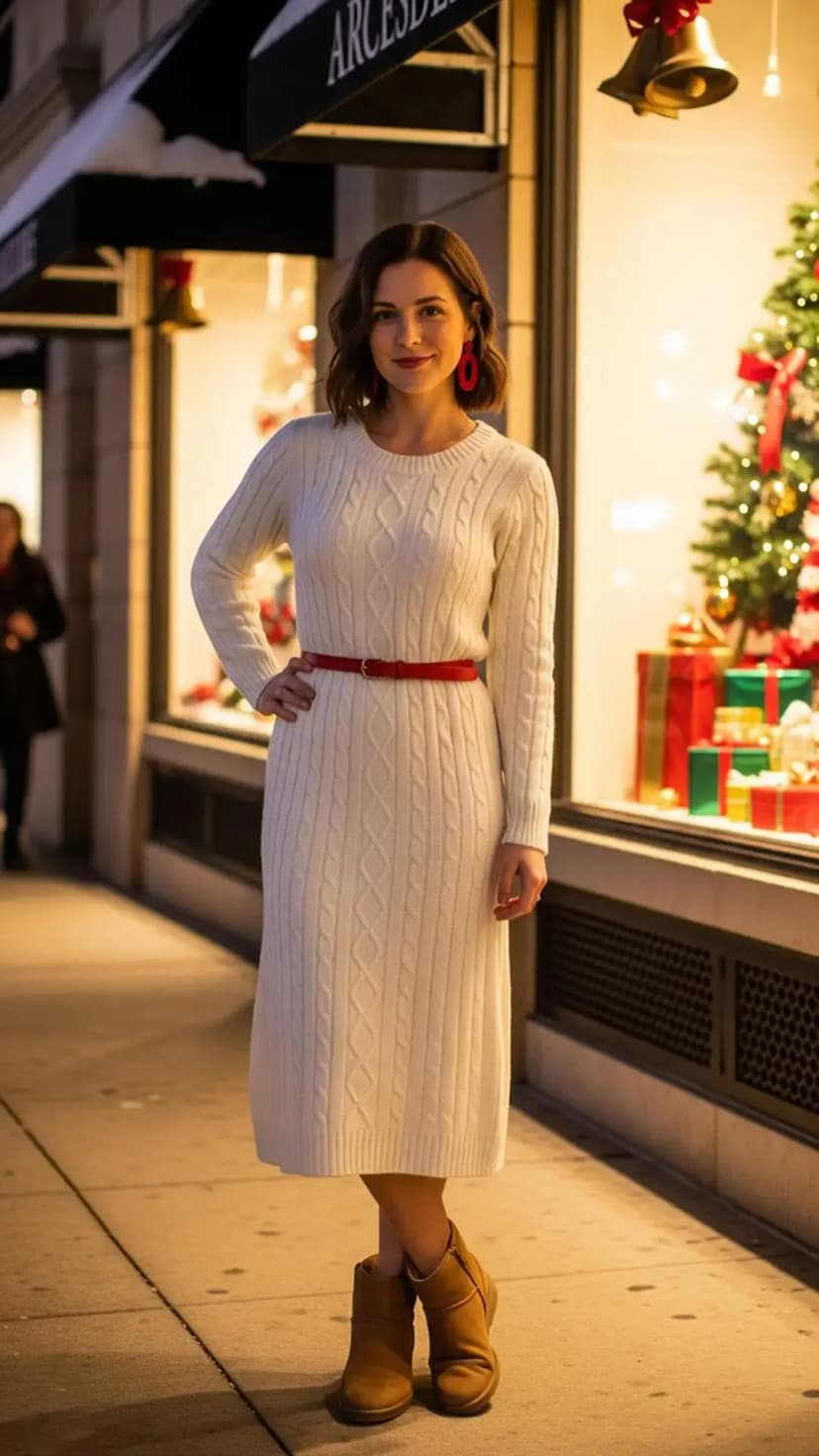Cream Cable Knit Sweater Dress + Red Belt + Tan Ankle Boots + Red Statement Earrings