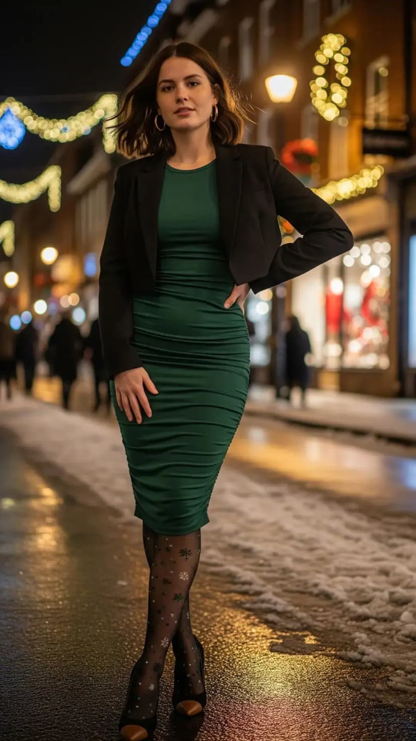 Green Bodycon Midi Dress + Black Cropped Shrug + Sheer Patterned Tights + Black Open-Toe Heels