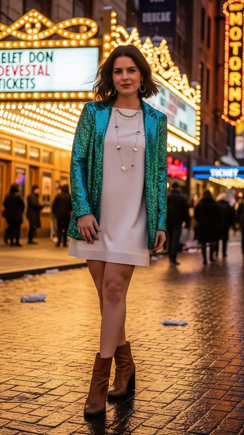 White Shift Dress + Green Sequin Blazer + Brown Ankle Boots + Layered Necklace