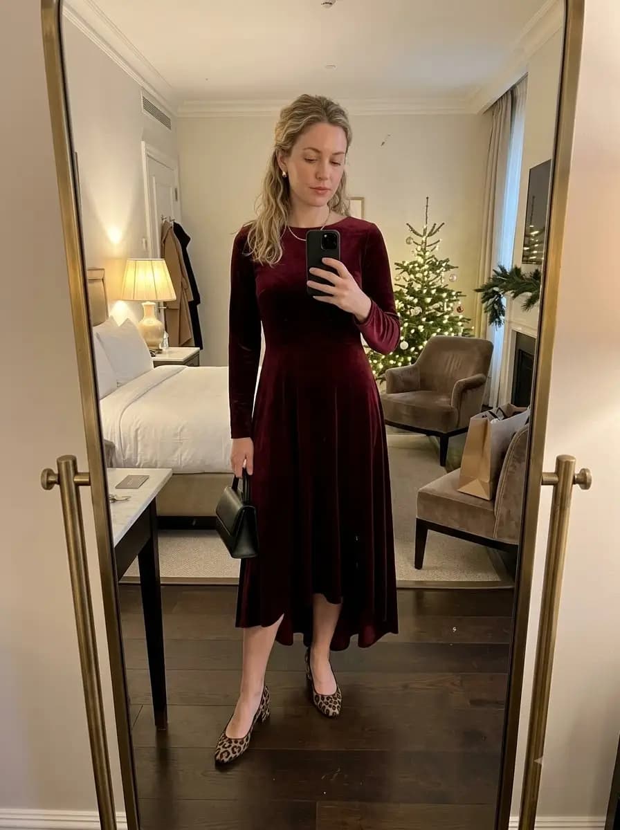 Burgundy velvet fit-and-flare midi dress with leopard print heels