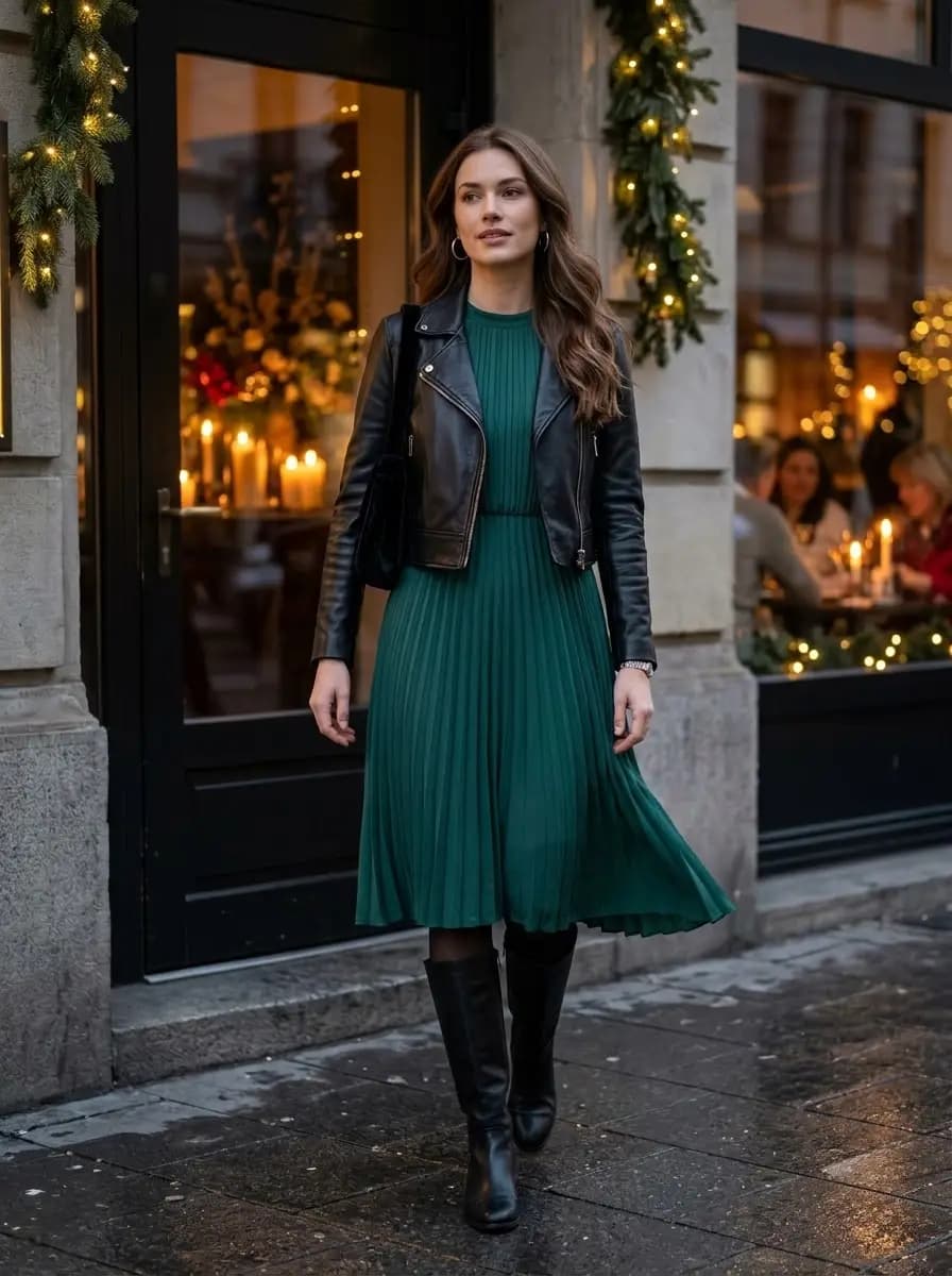 Black leather jacket over emerald green pleated midi dress with black boots