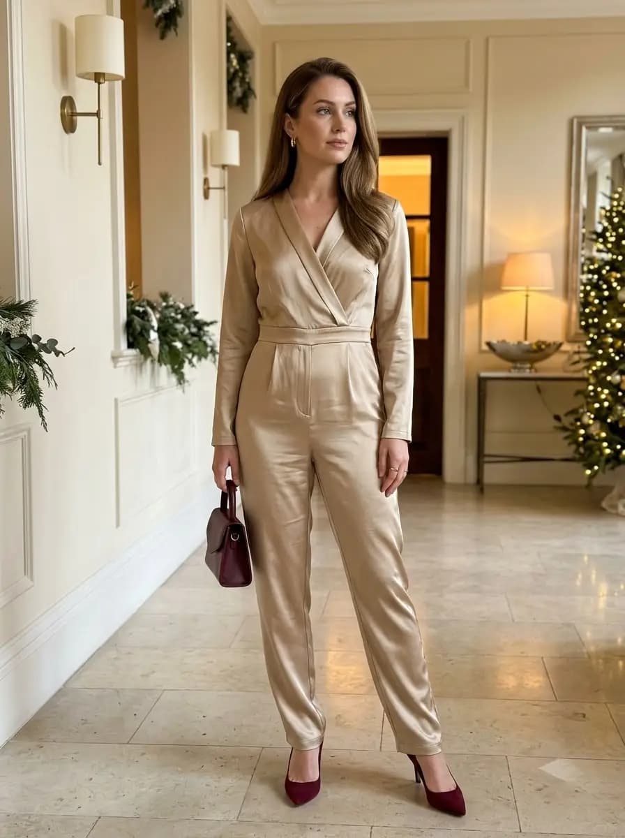 Champagne satin wrap jumpsuit with burgundy heels and bag