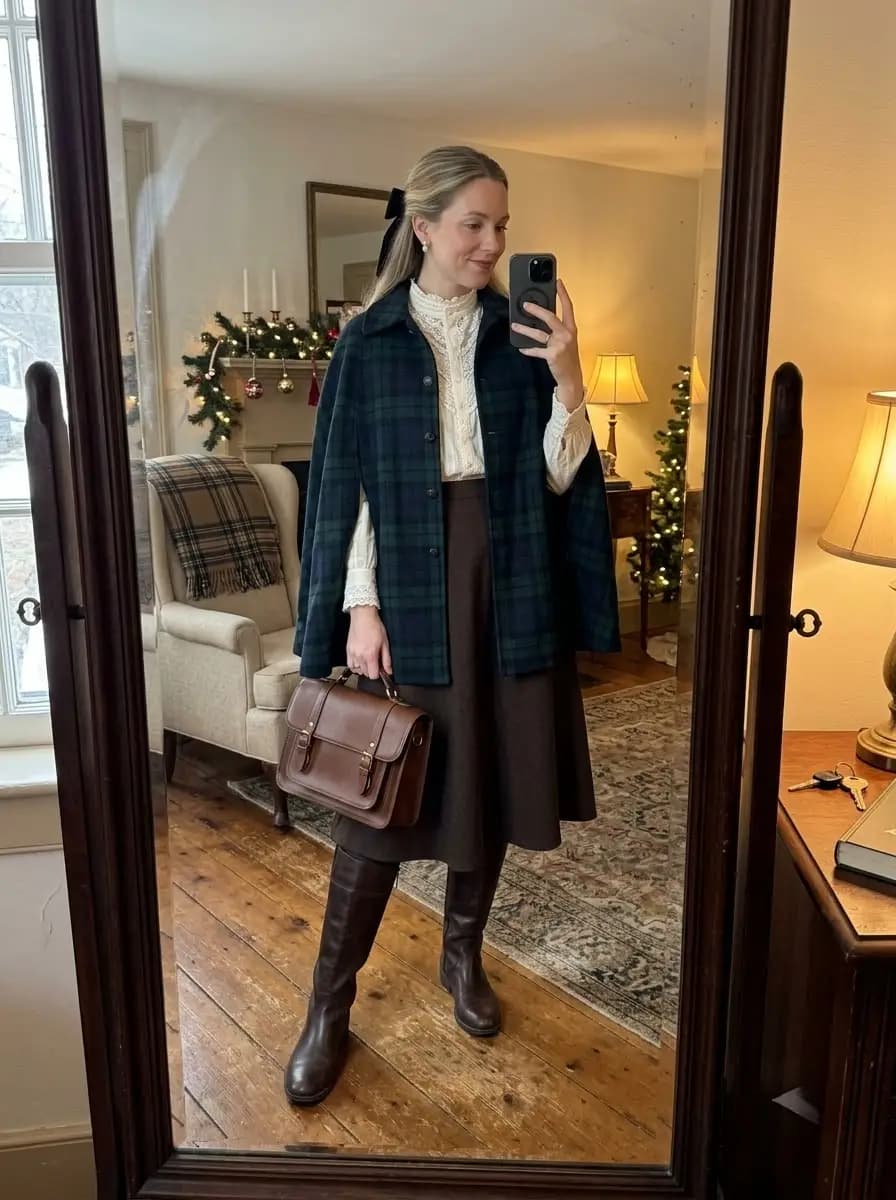 Cream lace collar blouse with navy green plaid cape and brown A-line skirt