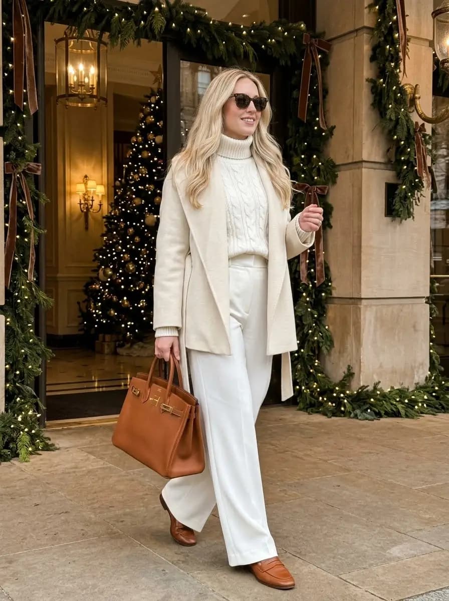 Cream cable-knit turtleneck with cream wide-leg pants and cream coat