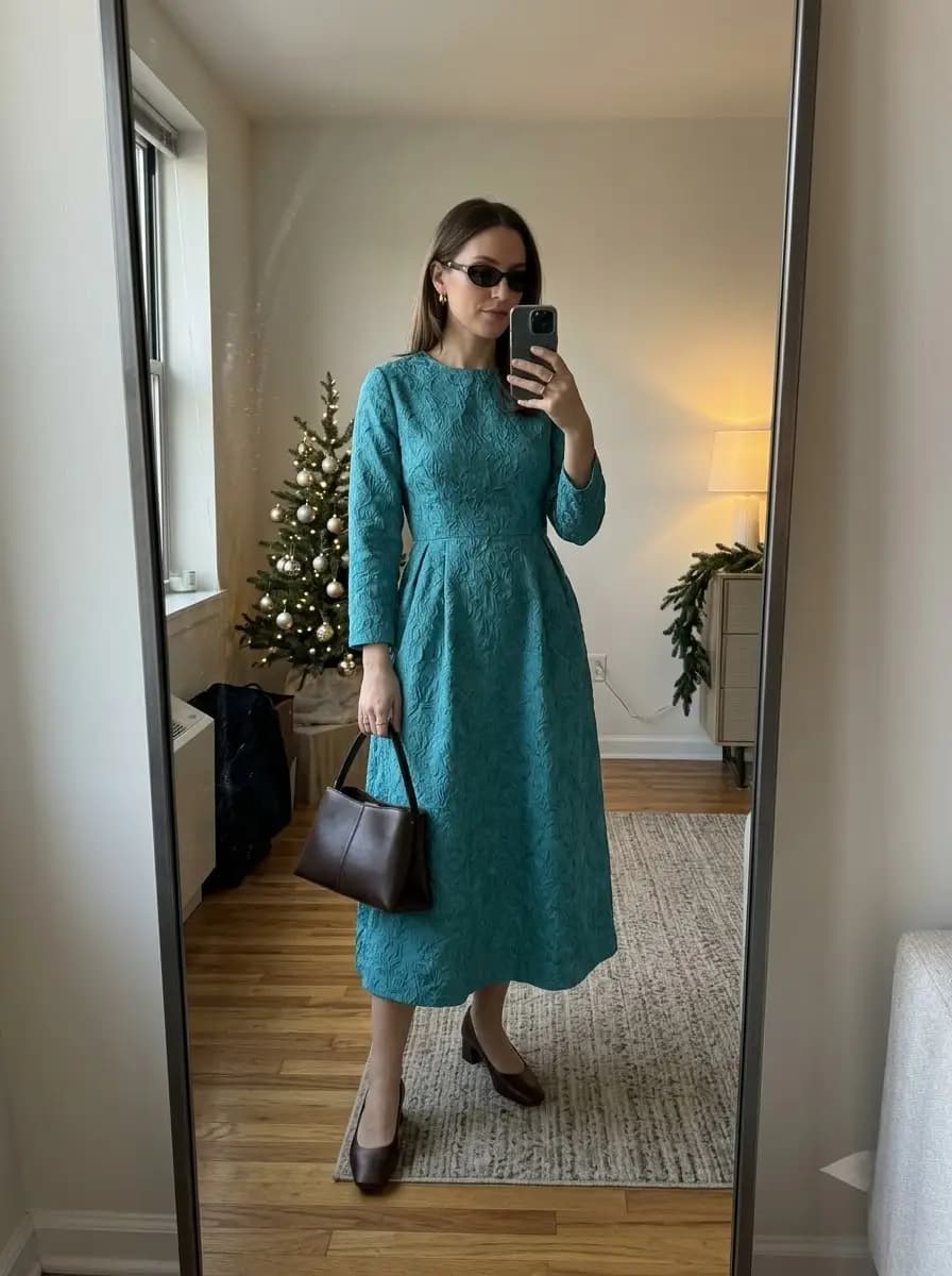 Aqua blue brocade midi dress with brown pointed pumps and bag