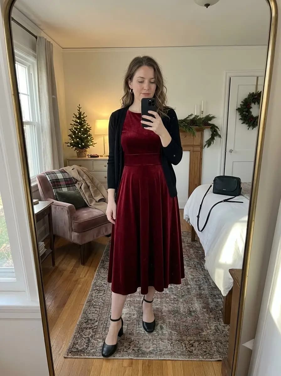 Burgundy velvet midi dress with black cardigan and Mary Jane heels