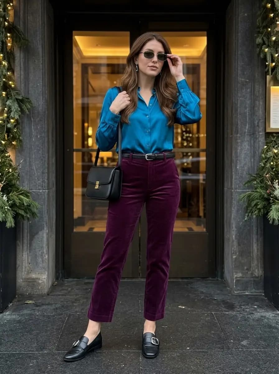 Teal silk button-down shirt paired with deep purple velvet trousers
