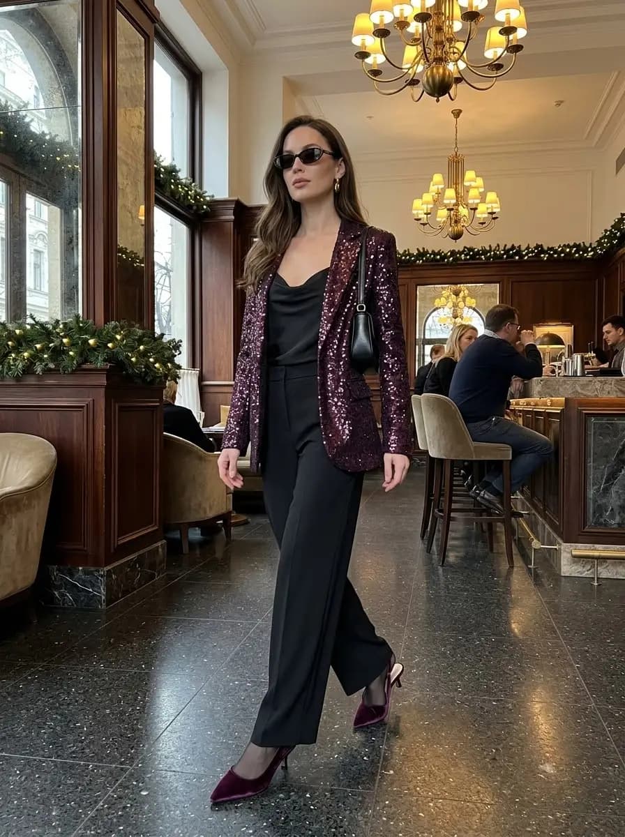 Black camisole and wide-leg trousers with purple sequin blazer and burgundy heels