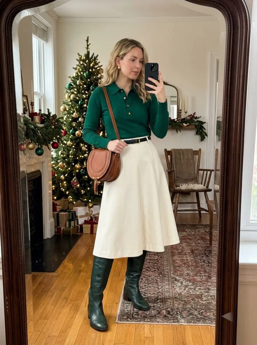 Green collared long sleeve top with cream A-line midi skirt and dark green boots