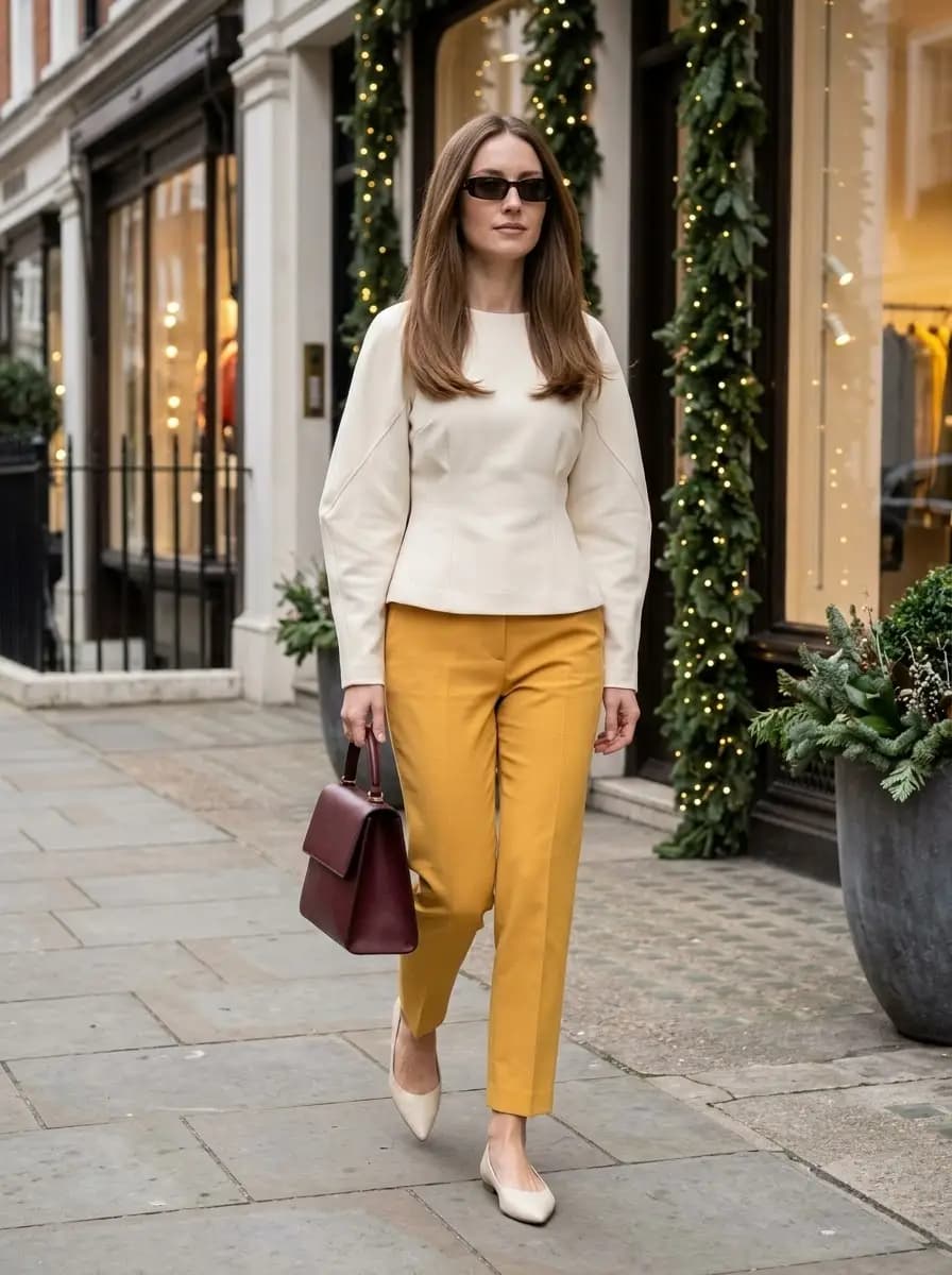 Cream puff-sleeve top paired with mustard tailored pants and cream pointed flats